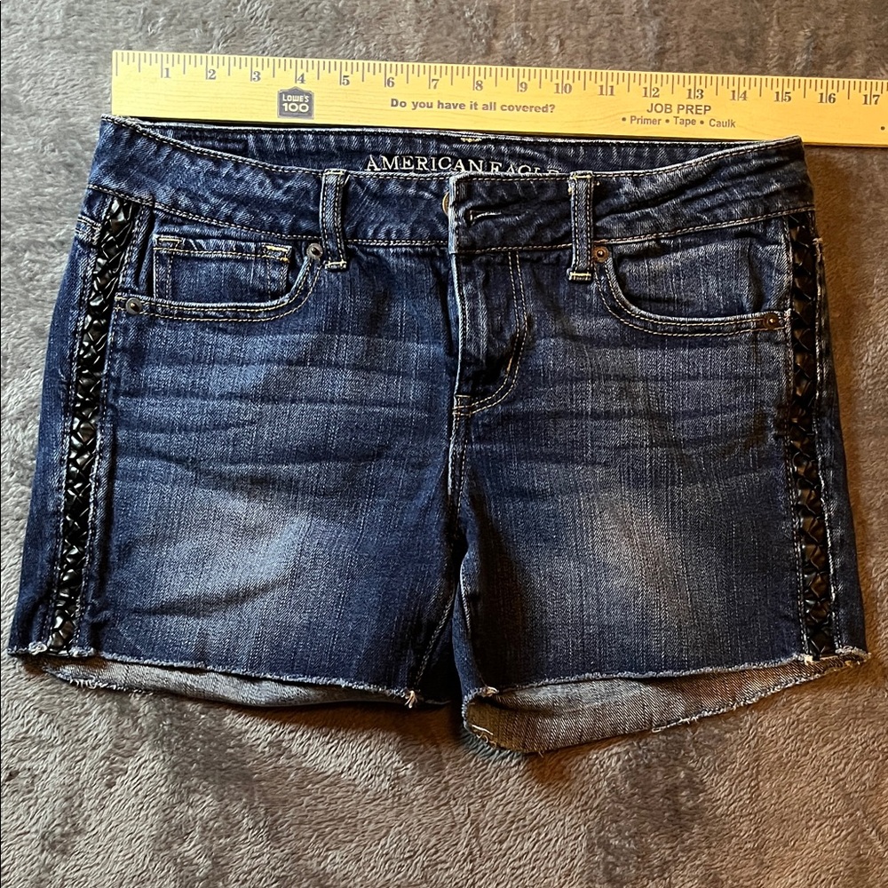 American Eagle Outfitters Dark Blue Denim Shorts with Black Lace Side Trim - Picture 6 of 10
